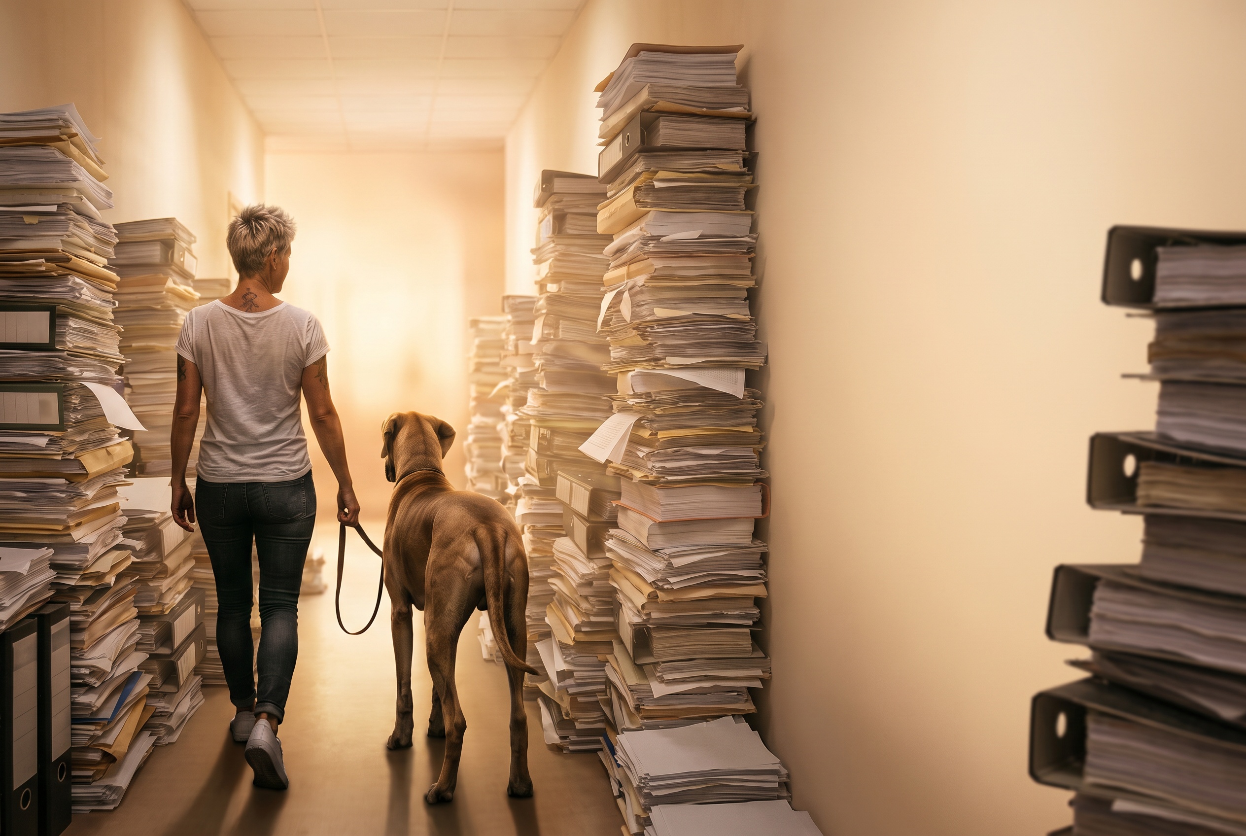 Melli mit Hund zwischen Aktenbergen